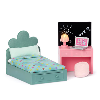 Lundby værelses m/seng, skrivebord, PC, Lampe puf