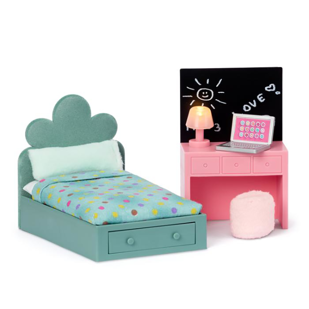 Lundby værelses m/seng, skrivebord, PC, Lampe puf
