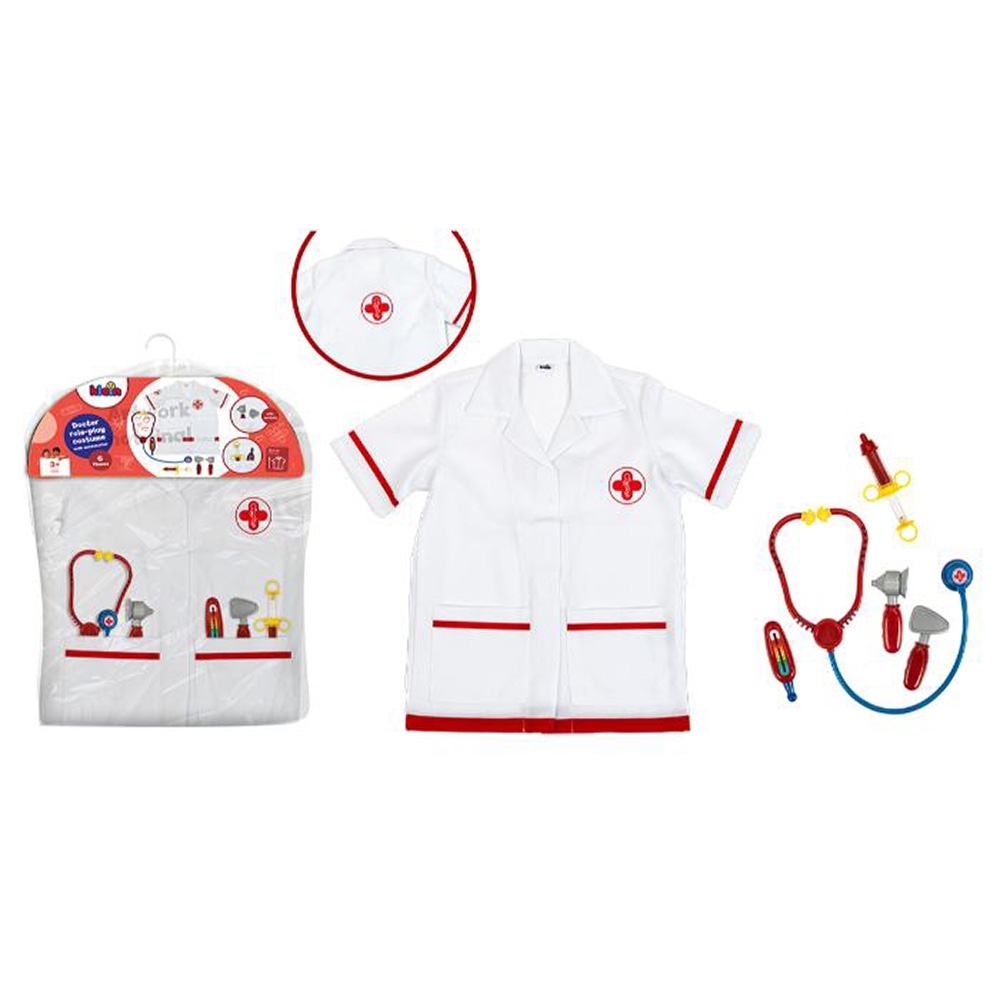 Lægekitel med redskaber til lægeleg