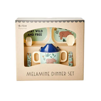 RICE MELAMIN BABY SPISESÆT - BLÅ - JUNGLE ANIMALS PRINT - GAVEÆSKE